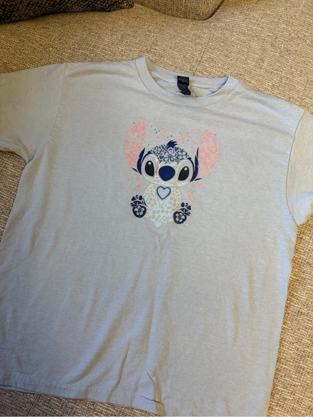 Gildan Light Blue Kids Tee with Navy and Pink Stitch Graphic